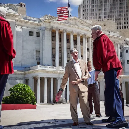 Prompt: Jerome Powell talking with clowns, full body, photo realistic, highly-detailed