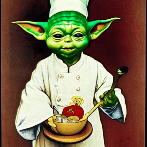 Image similar to baby yoda as a chef wearing a white apron and wearing a white chef's hat, by Jan van Eyck, by alphonse mucha