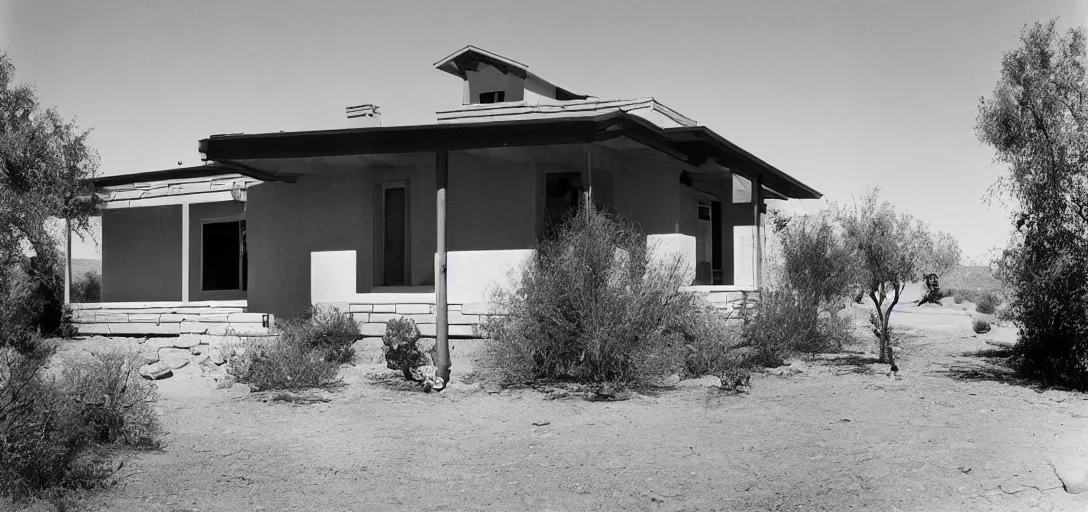 Prompt: single - family craftsman house in desert photographed by stanley kubrick.