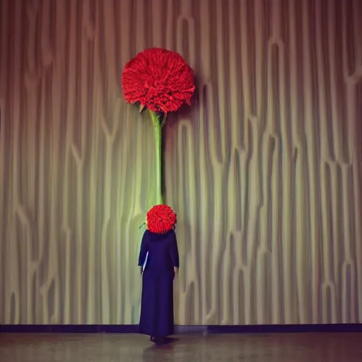 Image similar to giant flower head, frontal, woman standing in mid century building, surreal, symmetry, bright, tone in tone, cinematic, wes anderson