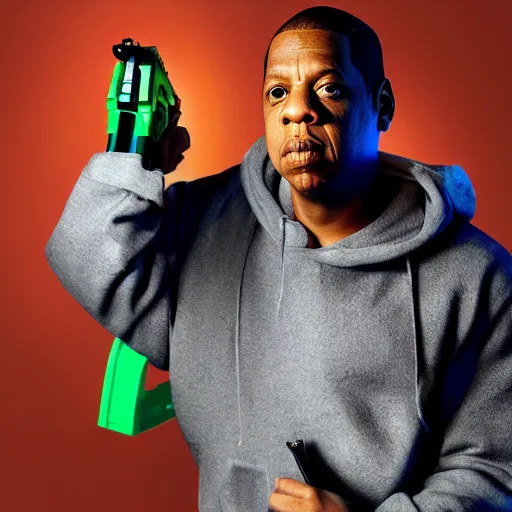 Prompt: Jay-Z posing with a nerf gun, 8k, dramatic lighting, dramatic scene