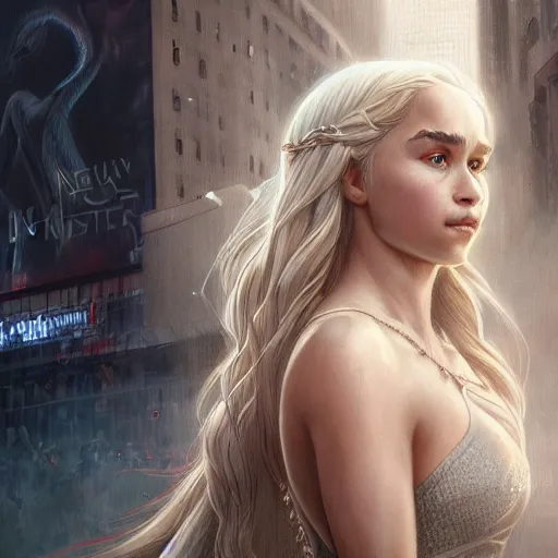 Image similar to full figure ultra realistic illustration, daenerys targaryen in times square, intricate, elegant, highly detailed, digital painting, artstation, concept art, smooth, sharp focus, illustration, art by artgerm and greg rutkowski and alphonse mucha