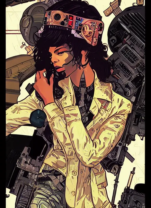 Image similar to selina igwe. cyberpunk mercenary with scenic background. portrait illustration, pop art, art by ashley wood, alphonse mucha, laurie greasley and josan gonzales. cinematic. beautiful lighting.