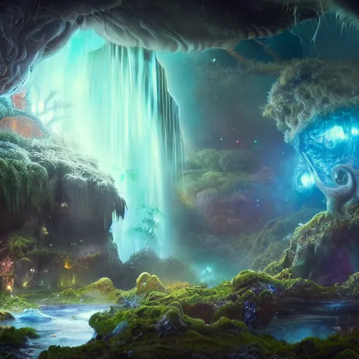 Prompt: tom bagshaw, mythical gigantic space cavern, soft painting render curiosities carnival pond vegetation rocks mushrooms and tentacles covered moss, luminescent wisps, stunning waterfall, accurate features, focus, very intricate ultrafine details, random volumetric lighting, fog, award winning masterpiece, octane render 8 k hd, artstation