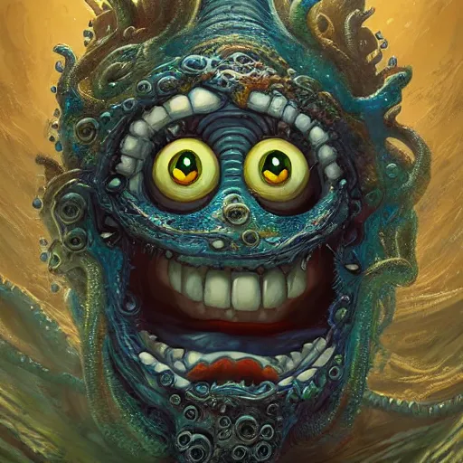 Prompt: portrait of SpongeBob as a large Lovecraftian monster, fantasy, intricate, elegant, highly detailed, digital painting, artstation, concept art, smooth, sharp focus, illustration, art by artgerm and greg rutkowski