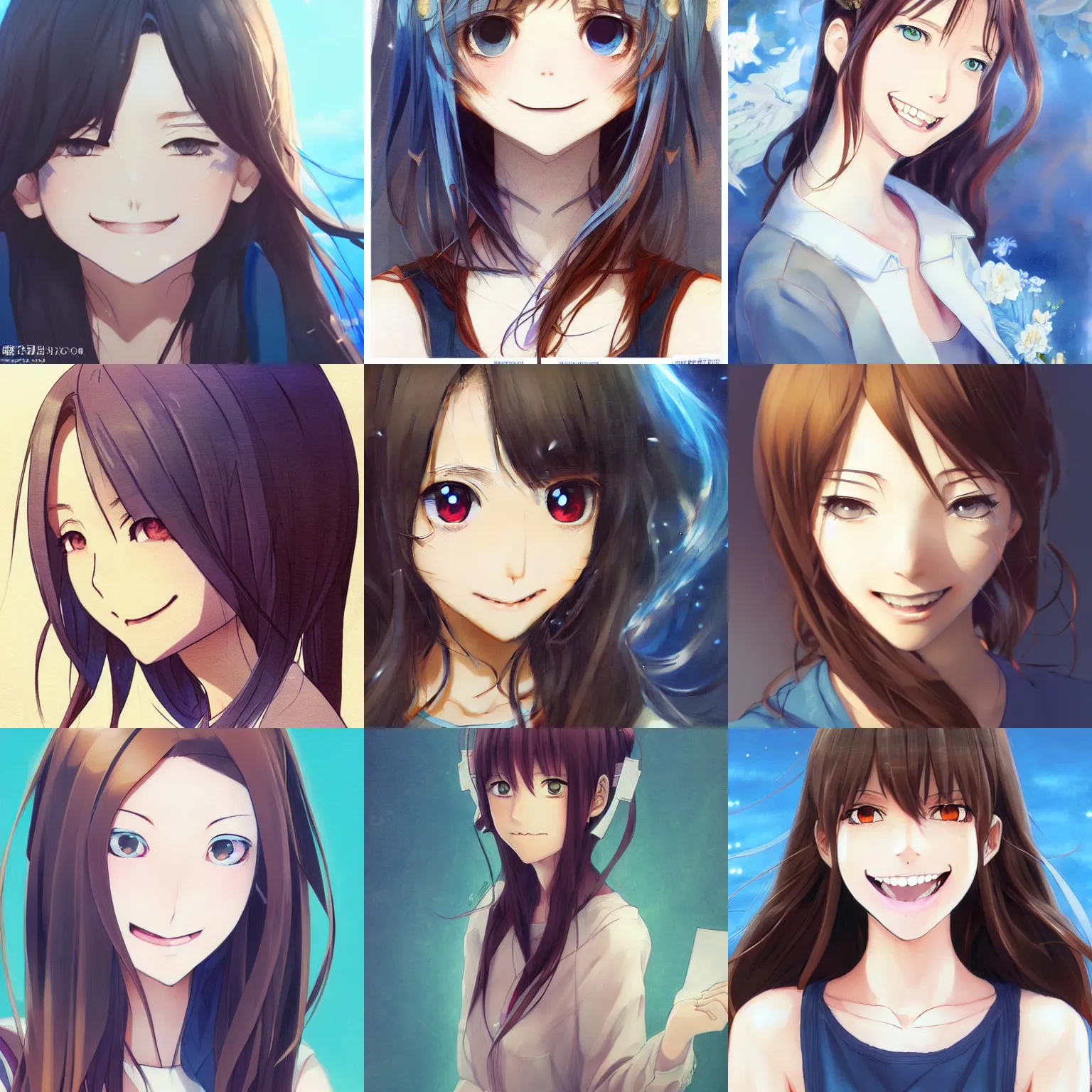 Prompt: An anime drawing of a happy beautiful woman with straight brown hair, blue eyes, without glasses, smiling, her whole head fits in the frame, by Stanley Artgerm Lau, WLOP, Rossdraws, James Jean, Andrei Riabovitchev, Marc Simonetti, and Sakimi chan, trending on artstation