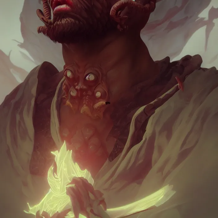 Image similar to excellent painted portrait of the grand demon tyrant, high quality masterpiece painted portrait, symmetry, 4k, trending on artstation, octane render, art by artgerm and greg rutkowski and alphonse mucha and craig mullins and James Jean and Andrei Riabovitchev and Marc Simonetti and peter mohrbacher