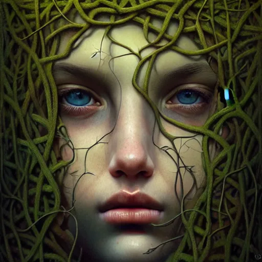 Image similar to a portrait of a girl covered in overgrown vines, face, intricate, digital painting, artstation, intricate, concept art, smooth, sharp focus, illustration, art by Zdzislaw Beksinski