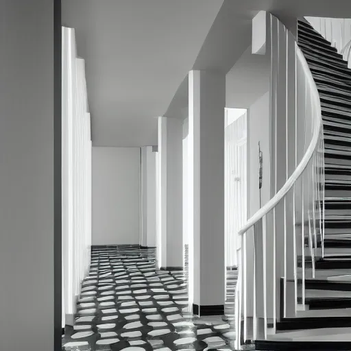 Prompt: photo of randomly connected corridors, stairs and rooms. ceramic white tiles on all the walls.