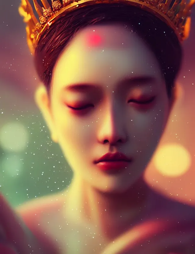 Prompt: bokeh background. close-up portrait of a goddess in crown, by Tooth Wu and wlop and beeple and greg rutkowski