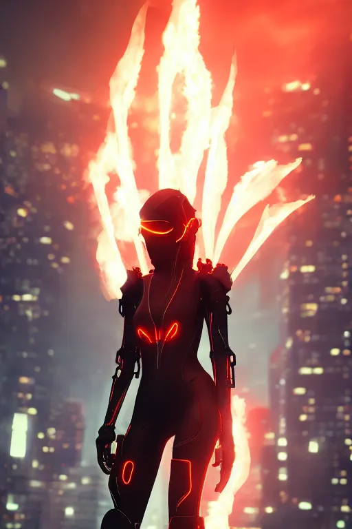 Prompt: Cyberpunk Flame Suit, beautiful woman, fantasy, photorealistic, glowing eyes, 4k, cinematic lighting, explosive