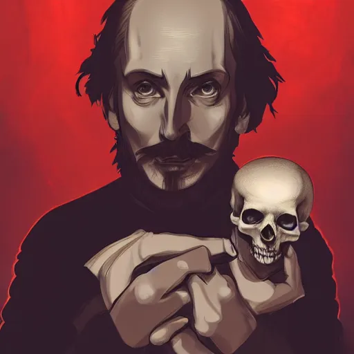 Image similar to William Shakespeare as Hamlet gazing into the eyes of Yorick\'s skull, ambient lighting, 4k, anime key visual, lois van baarle, ilya kuvshinov, rossdraws, artstation