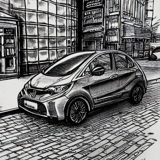 Image similar to compact honda car parked in a european city, ink manga drawing