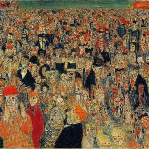 Prompt: Crowd of busybodies. James Ensor.