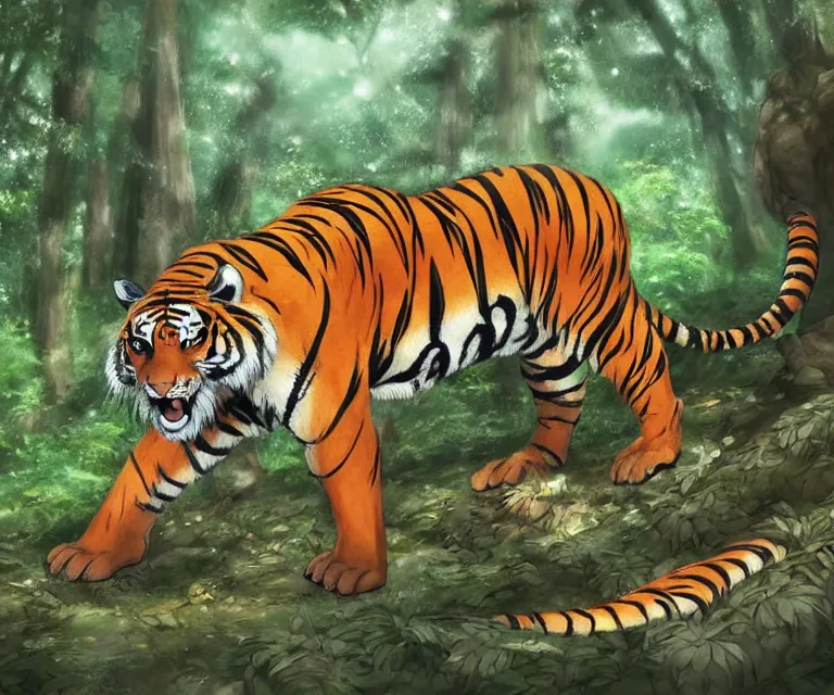 Prompt: tiger in a forest, anime fantasy illustration by tomoyuki yamasaki, kyoto studio, madhouse, ufotable, comixwave films, trending on artstation