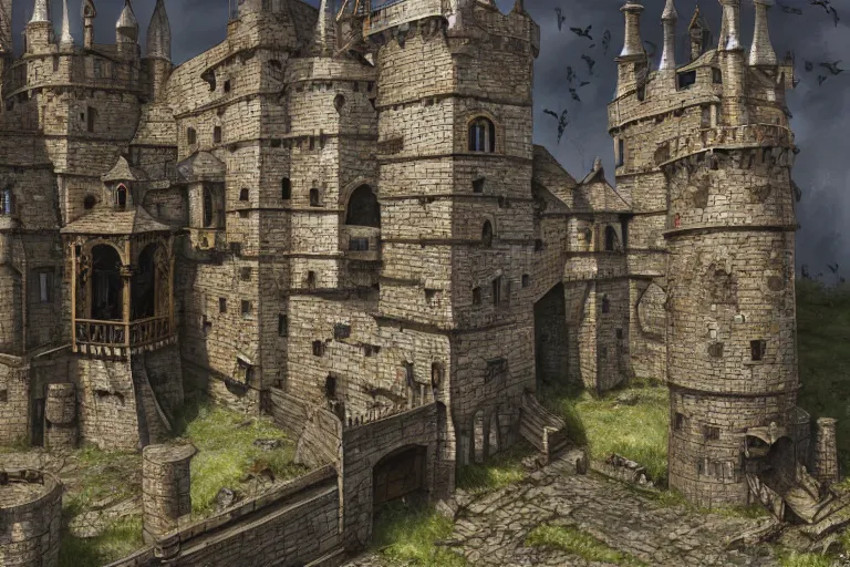 Image similar to A medieval keep, texture, intricate, details, highly detailed, masterpiece, architecture, building, trending on artstation, focus, sharp focus, concept art, digital painting, fantasy, D&D, tabletop, rpg, roleplay, sunny, day, midday