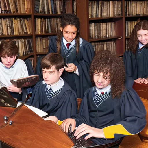 Image similar to Photo of student wizards using a computer in Hogwarts