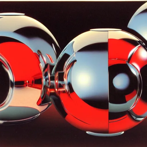 Prompt: chrome spheres on a red cube by syd mead