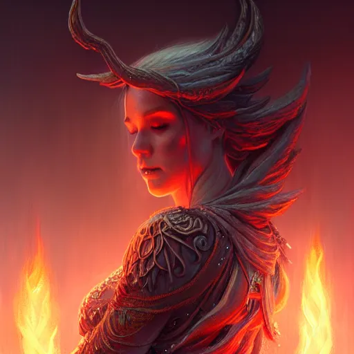 Image similar to Priestess, female, fantasy, flames, frost, dramatic, intricate, elegant, highly detailed, digital painting, artstation, concept art, smooth, sharp focus, illustration, octane render, art by Leesha Hannigan, Ross Tran, Thierry Doizon, Kai Carpenter, Ignacio Fernández Ríos