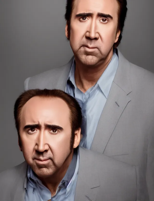 Prompt: professional portrait of nicolas cage neutral expression face straight on headshot even lighting