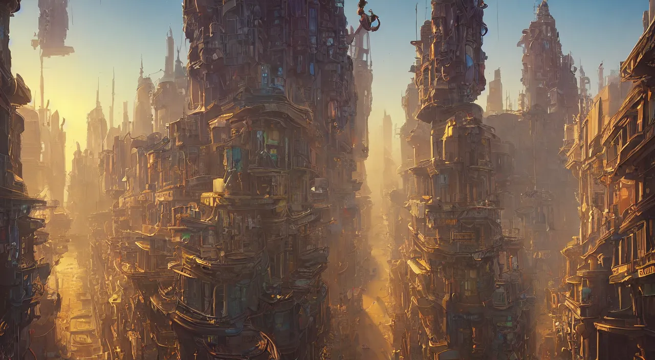 Prompt: a street level painting towards the horizon with high detail, sci - fi colorful victorian city with a victorian astronaut in the foreground at golden hour with sharp shadows by tyler edlin and sparth, wide angle lens, 4 k, vray, art nouveau influences. roger deakins, cinematic cinematography.