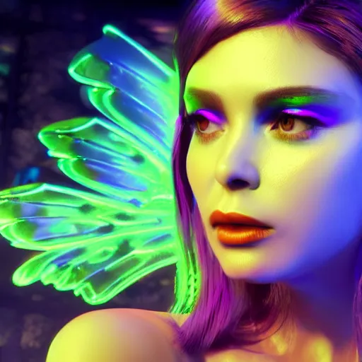 Image similar to neon fluorescent, iridescent young ornella muti with fairy wings cyperpunk 2 0 7 7, unreal engine 5, 8 k ultra realistic, hyperdetailed, volumetric lighting, extremely high quality