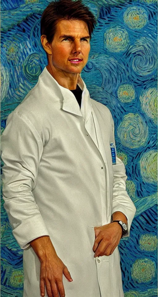 Image similar to Tom Cruise in white lab coat by Van Gogh