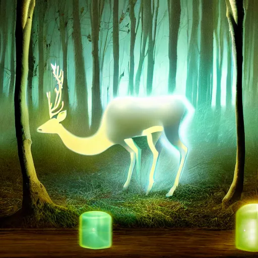 Image similar to white glowing deer standing in the middle of a forest at night, a hologram by wolfgang zelmer, featured on deviantart, magic realism, made of mist, bioluminescence, storybook illustration