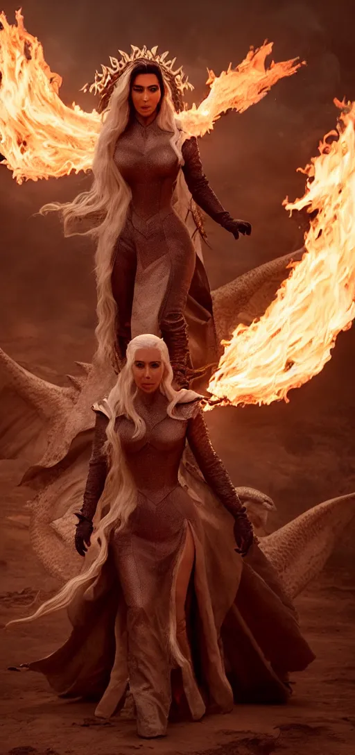 Image similar to full-body photograph of Kim Kardashian as Daenerys Targaryen riding a dragon blowing a flame, dracarus, majestic lighting, XF IQ4, 150MP, 50mm, F1.4, ISO 200, 1/160s, natural light