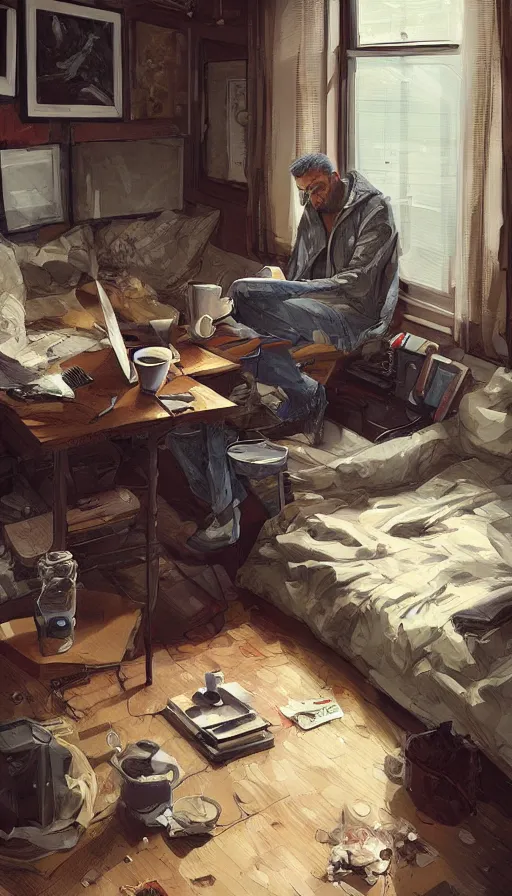 Prompt: a man inside his bedroom with his jacket and coffee beside the table on a lazy rainy monday, highly detailed, digital painting, artstation, concept art, smooth, sharp focus, illustration, art by jon foster and james jean and artgerm and yuumei