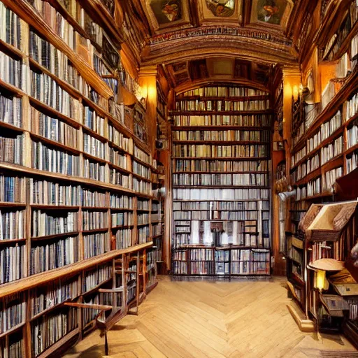 Prompt: a huge room in an antique library, wall to wall bookcases filled with ancient books, photographic, realism