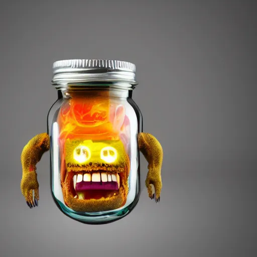 Prompt: Evil monster in a jar by Mike Francini, product photography, centered, studio lightning