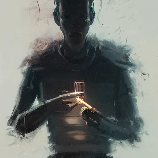 Image similar to a portrait of an attractive robot smoking by greg rutkowski, sung choi, mitchell mohrhauser, maciej kuciara, johnson ting, maxim verehin, peter konig, 8 k photorealistic, cinematic lighting, hd, high details, dramatic, dark atmosphere, trending on artstation