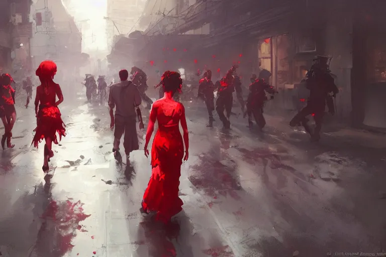 Prompt: a girl in a red dress walking in the middle of a street surrounded by zombies, Craig Mullins, krenz cushart, guweiz, wlop