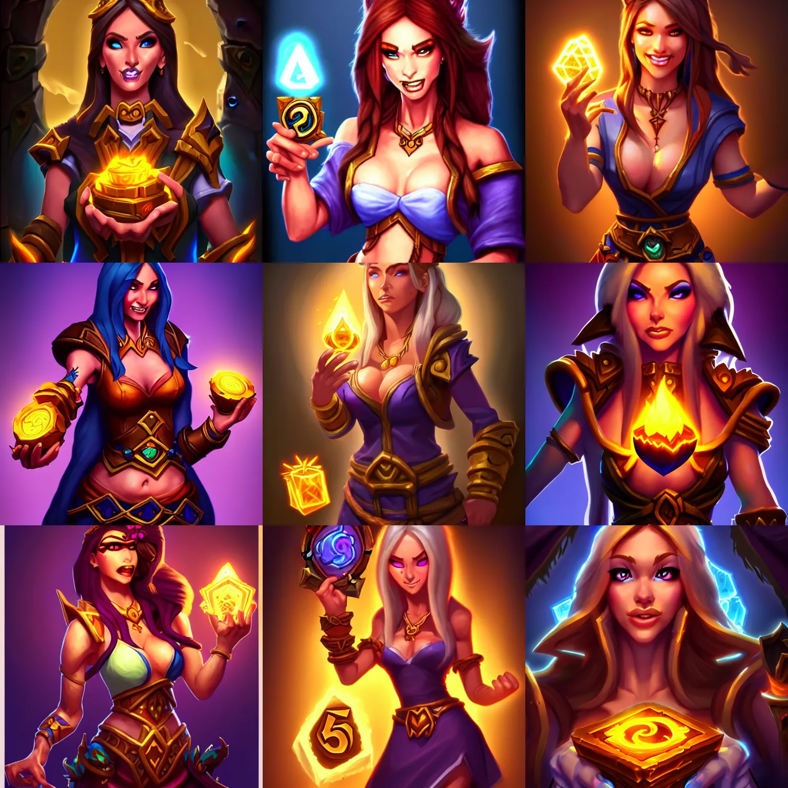 Prompt: Full body Hearthstone official professional art, with realistic beautiful body & face & eyes. A sorceress opening a chest full of gold. Completly coherent and well drawned physical body parts, ArtStation. Very detailed hands with 5 coherent fingers.