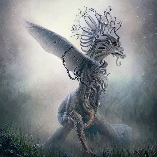 Prompt: a beautiful new creature from folklore, clear detailed view, well composed creature. ethereal fantasy art by bjarke pedersen