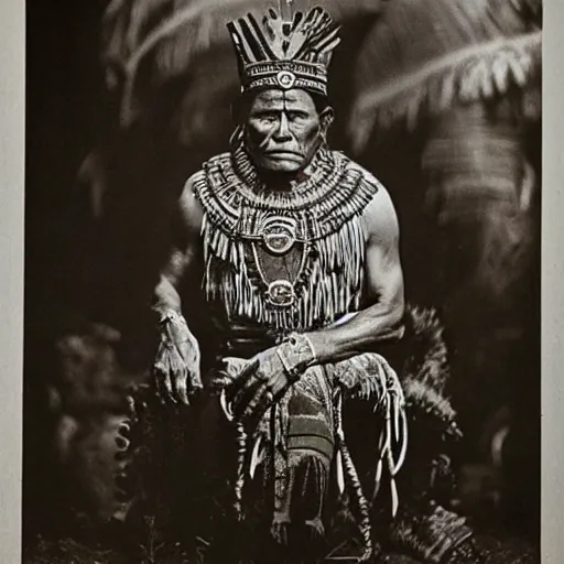 Image similar to vintage photo of an aztec king by edward s curtis, photo journalism, photography, cinematic, national geographic photoshoot