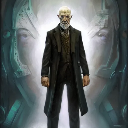 Image similar to an epic fantasy comic book style portrait painting of an old thin man with a sad smart face, and futuristic clothing, standing in front of a computer simulation, intelligent face, sci - fi, intricate, elegant, highly detailed, digital painting, artstation, concept art, matte, sharp focus, illustration, art by artgerm and greg rutkowski and jim burns