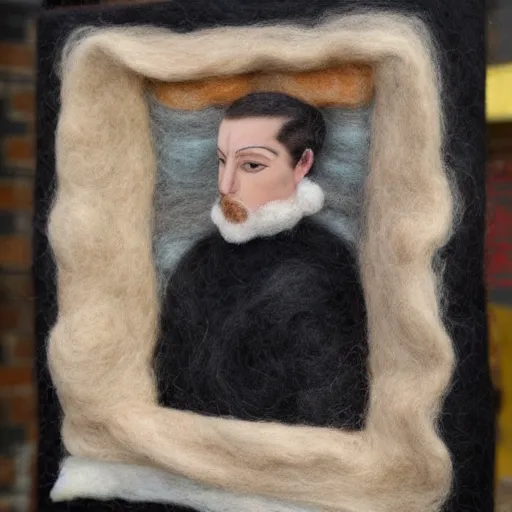 Image similar to by diego velazquez fine needle felting. a beautiful street art of a self - portrait of the artist. he is shown with his head turned to the left, looking at the viewer. his hair is wild & his eyes are wide open. his right hand is raised, as if he is pointing at something.