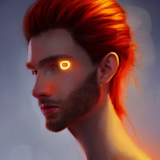 Image similar to portrait of a thin young man with long red hair, ponytail, a lot of freckles on his face, an earring, intricate, elegant, glowing lights, highly detailed, digital painting, artstation, concept art, smooth, sharp focus, illustration