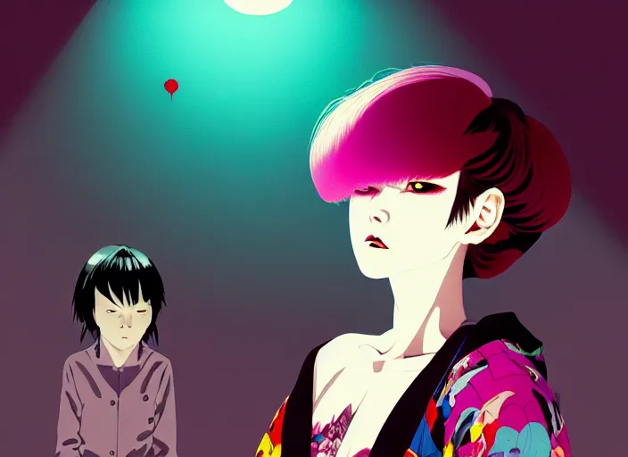 Image similar to editorial illustration by Karolis Strautniekas and Mads Berg, colorful, anime portrait vampire princess miyu, katsuhiro otomo, murata range, haruhiko mikimoto, Ilya kuvshinov,fine texture, smooth cel shading, fine details, matte print, film noir, dramatic lighting, dynamic composition, cinematic, film grain, moody, vivid, volumetric,stippled lighting