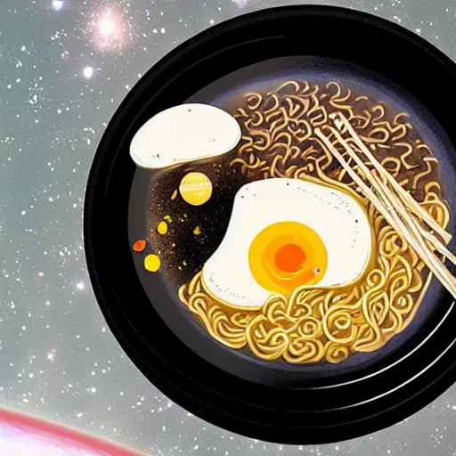 Prompt: Delicious looking bowl of ramen floating in space, space telescope, stars, galaxies