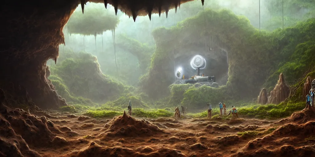 Prompt: a chrome conical drill visits a rusted cave mouth in the jungle, retrofuturistic, matte oil painting, speleothems, merchant tents, salt dunes, science fantasy, rpg, epic, extremely detailed, sharp focus, 4 k