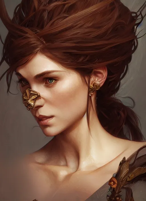 Image similar to close up portrait of yor forger, d & d, face, fantasy, intricate, elegant, highly detailed, digital painting, artstation, concept art, smooth, sharp focus, illustration, art by artgerm and greg rutkowski and alphonse mucha