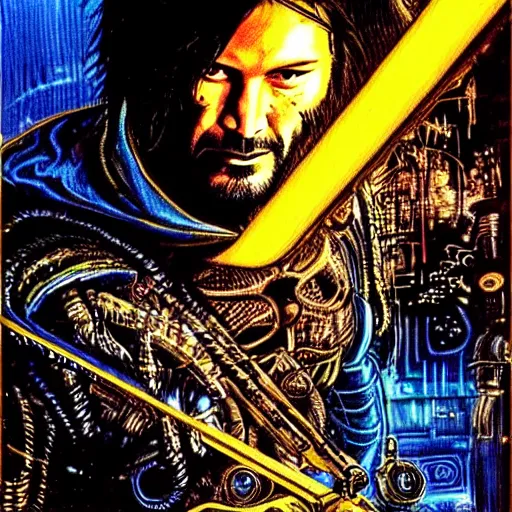 Prompt: keanu reeves as cyberpunk shiva knight, atmospheric lighting, painted, intricate, golden and blue hour, ultra detailed by philippe druillet