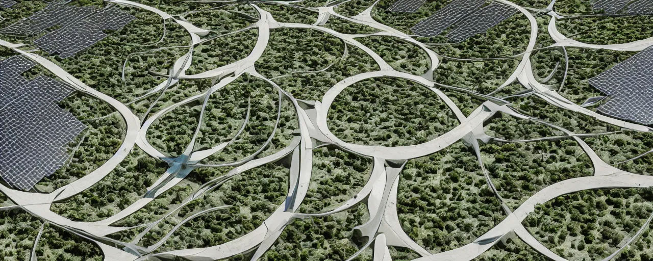 Prompt: aerial view of zaha hadid kibbutz terraformation project, with biomimetic architecture, vertical vegetable gardens, solar panels, desert oasis, XF IQ4, 150MP, 50mm, F1.4, ISO 200, 1/160s, natural light