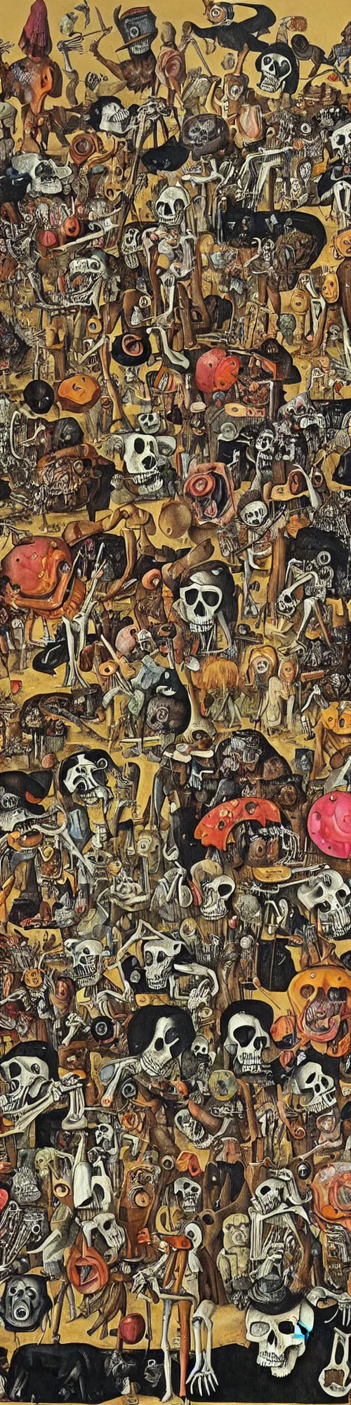 Image similar to epic mural of grizzly bear skeletons dancing, hieronymus bosch, victor moscoso, owsley, r crumb