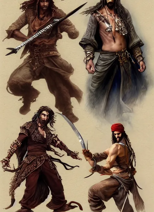 Image similar to detailed pencil spot illustrations of various character concepts from the prince of persia game and pirates of the caribbean movie, various poses, by burne hogarth, by bridgeman, by anthony ryder, by yoshitaka amano, by ruan jia, by conrad roset, by mucha, artstation, artstation.