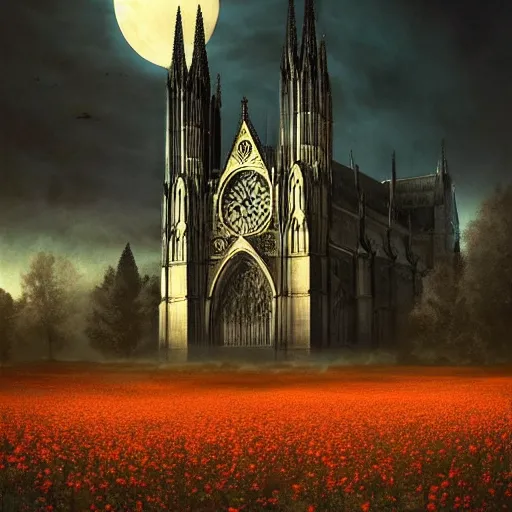 Prompt: A Gothic cathedral in a field of flowers, A huge red moon shines over the earth in the style of gustav doré.highly realistic, hyper detailed,cinematic,4k,digital art,unreal engine 5,epic lighting by greg rutkowski