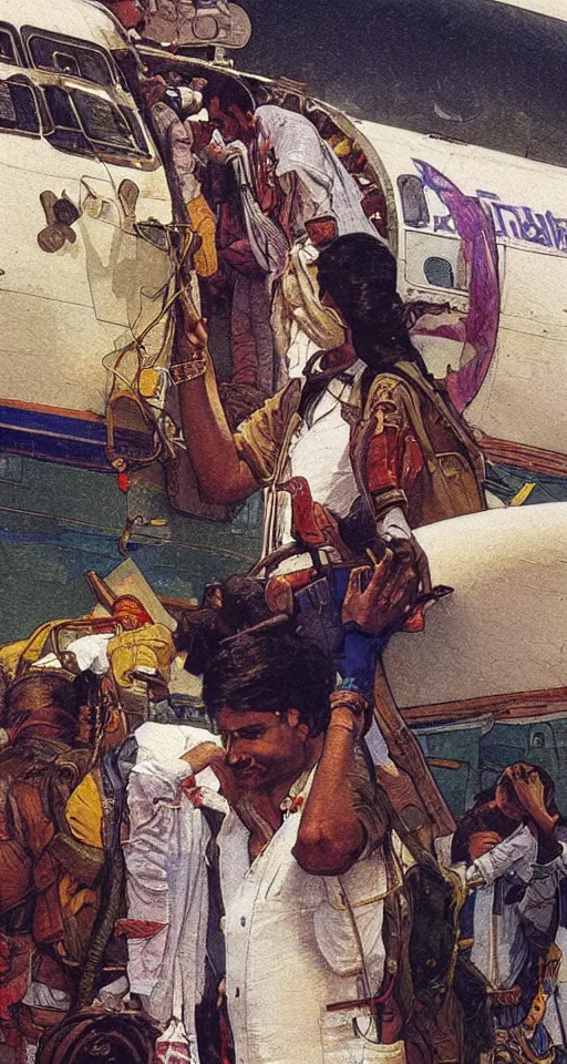 Image similar to close up of an Indian doctor disembarking from an airplane at Heathrow, sun shining, photo realistic illustration by greg rutkowski, thomas kindkade, alphonse mucha, loish, norman rockwell.